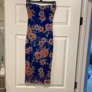 Floral Blue Strapless Dress